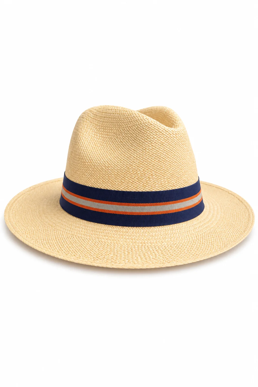 Chapeau Panama Fedora – Crème & Ruban Vintage Bleu (Pièce Unique)