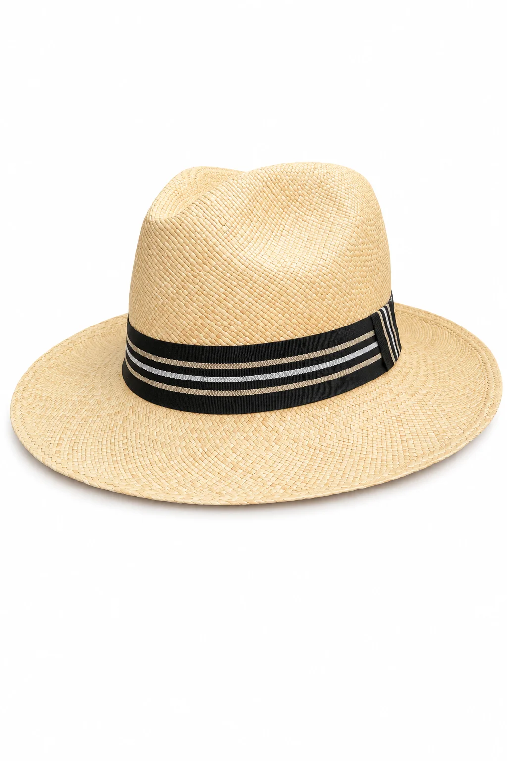 Chapeau Panama Fedora – Crème & Ruban Vintage Rayé (Pièce Unique)