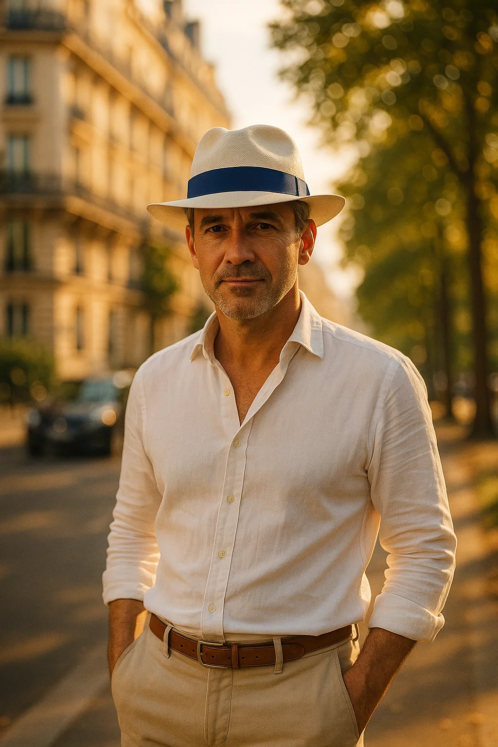 Chapeau Panama Crème Ivoire & Ruban Marine