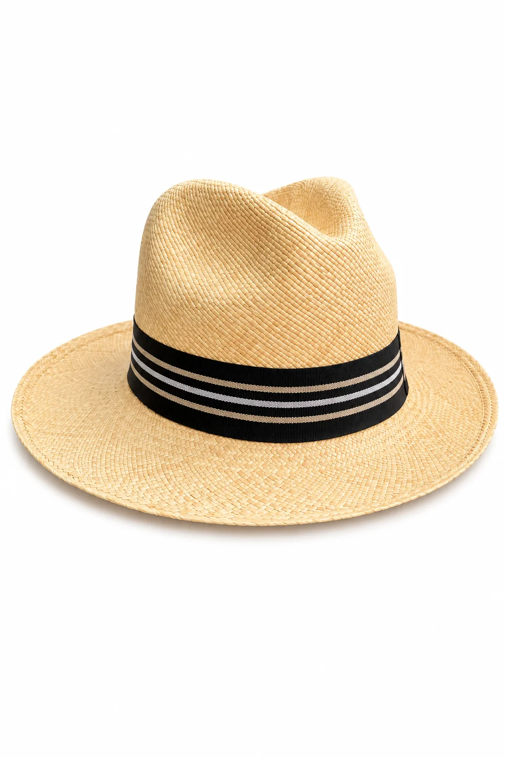 Chapeau Panama Fedora – Crème & Ruban Vintage Rayé (Pièce Unique)