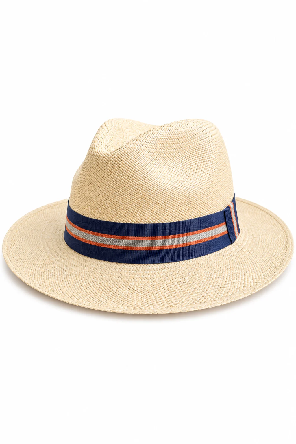 Chapeau Panama Fedora – Crème & Ruban Vintage Bleu (Pièce Unique)