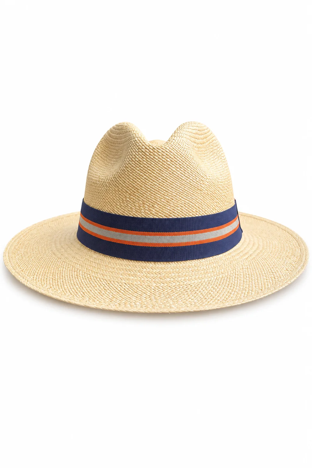 Chapeau Panama Fedora – Crème & Ruban Vintage Bleu (Pièce Unique)