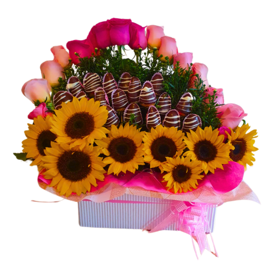 Arreglo con girasoles y fresas