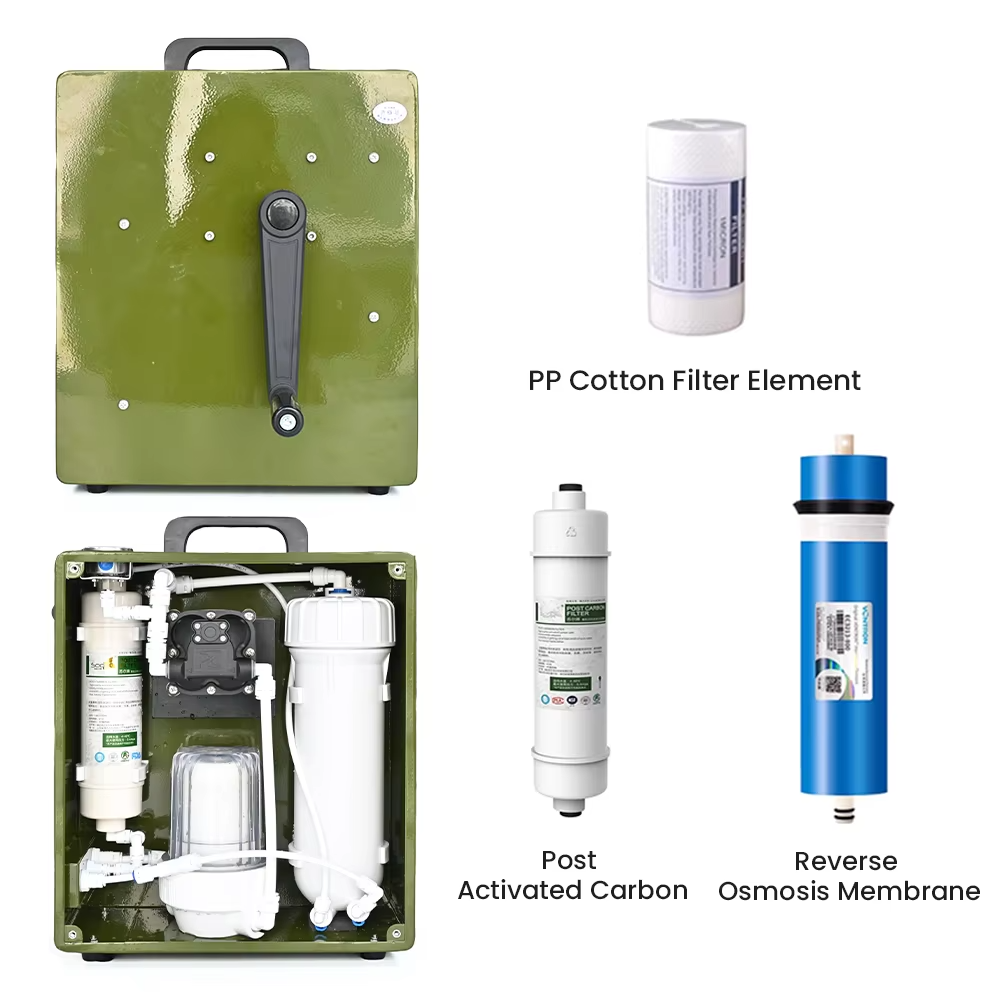 Outdoor hand-cranked water purifier, camping water purifier, reverse osmosis filtration system, manual operation for filtering wastewater.