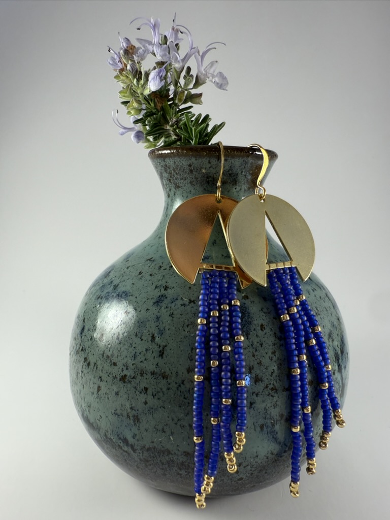 Geometric Gold & Blue Beaded Earrings
