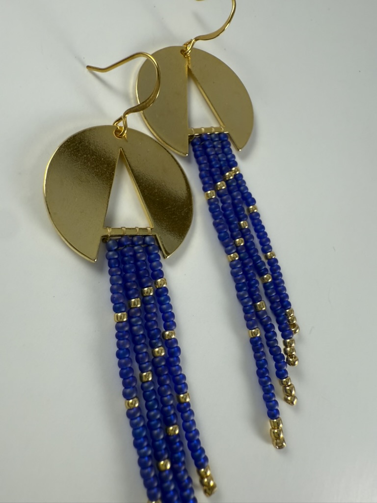 Geometric Gold & Blue Beaded Earrings