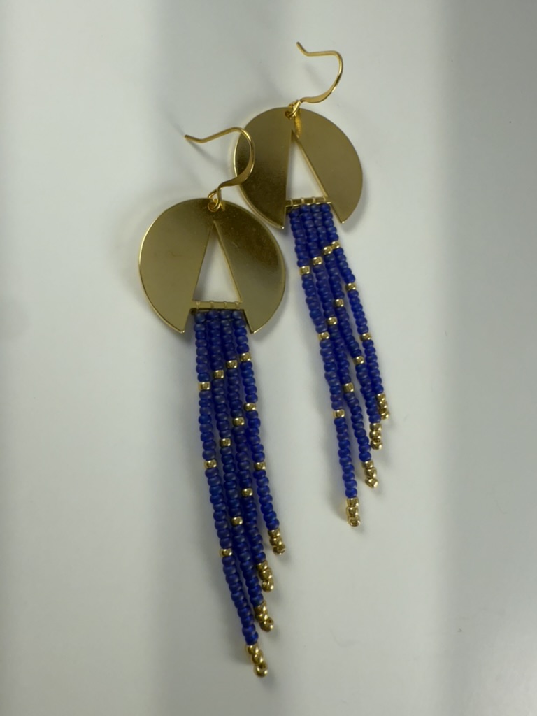 Geometric Gold & Blue Beaded Earrings