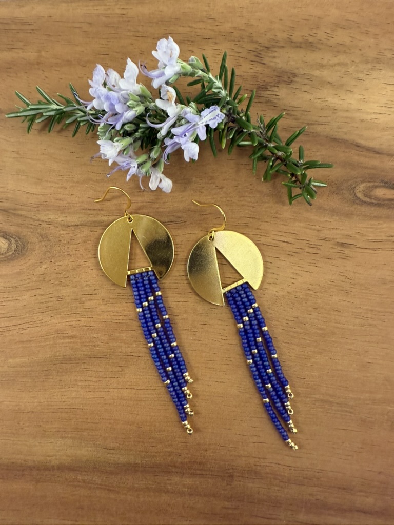 Geometric Gold & Blue Beaded Earrings