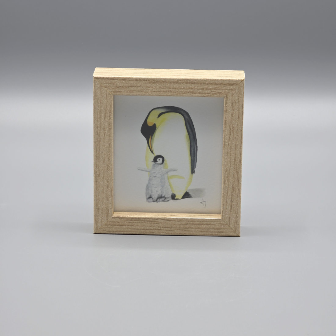 Penguin and Chick Miniature Print in a Box Frame