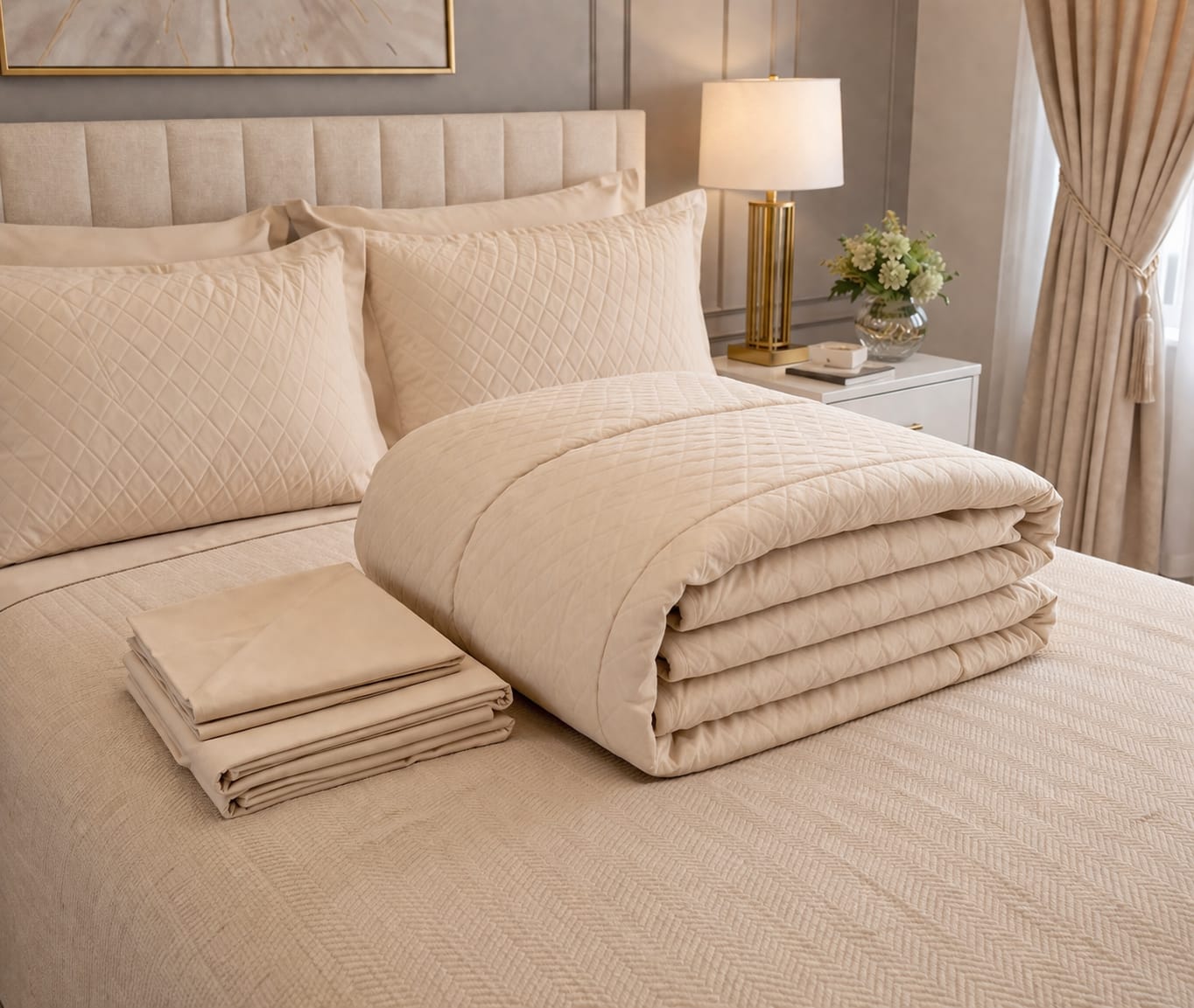 Acolchado Edredón GOLDSUN con Corderito 7 PIEZAS KING SIZE - COLOR NATURAL 