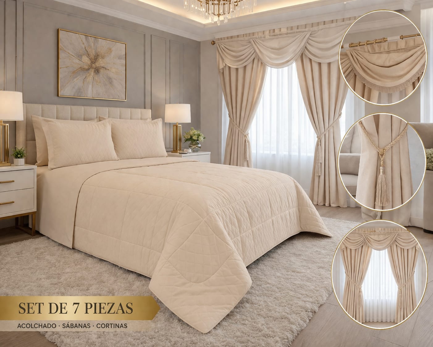 Acolchado Edredón GOLDSUN con Corderito 7 PIEZAS KING SIZE - COLOR NATURAL 