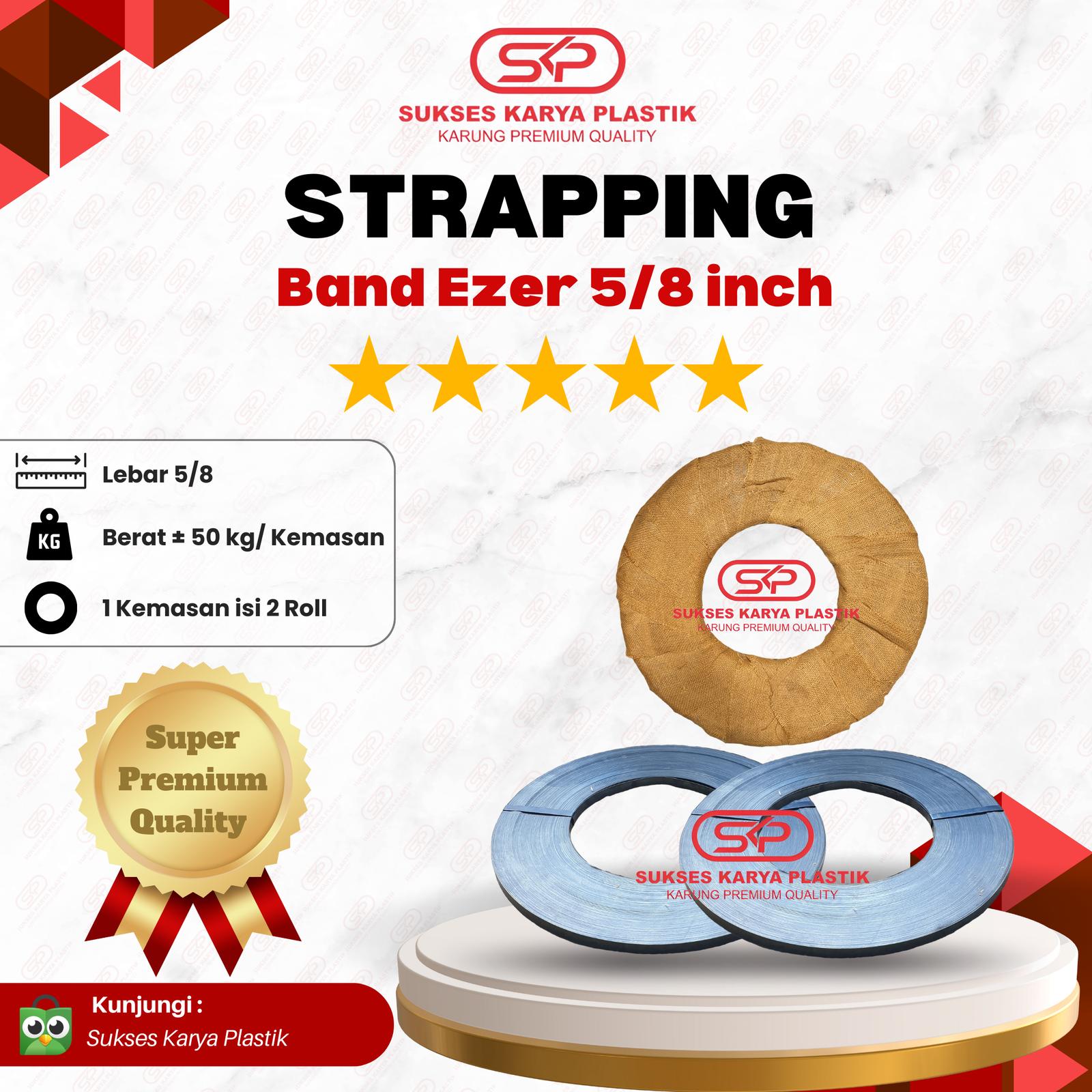 Tali Klem Besi 5/8 Inch Strapping Band Ezer Plat Besi 5/8 Inch Super Premium Quality Hitam 1 Kemasan isi 2 Roll ±50 Kg