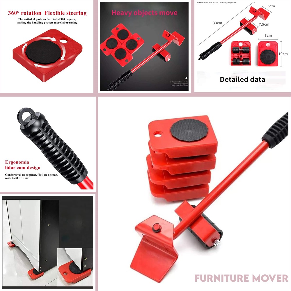 Heavy Furniture Mover Tool 5-in-1  Set with Lifter & 360° Rollers 