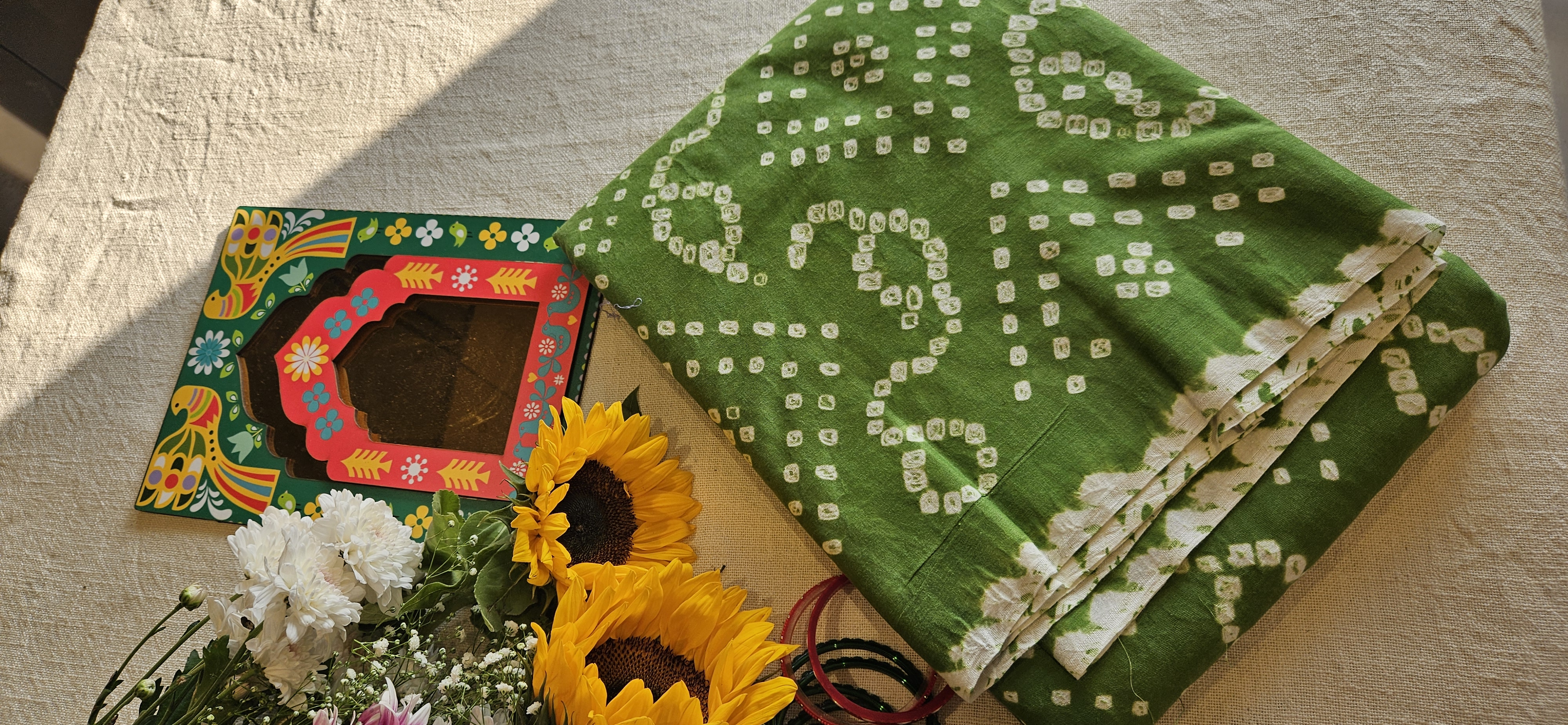 Green Cotton Bandhani Saree