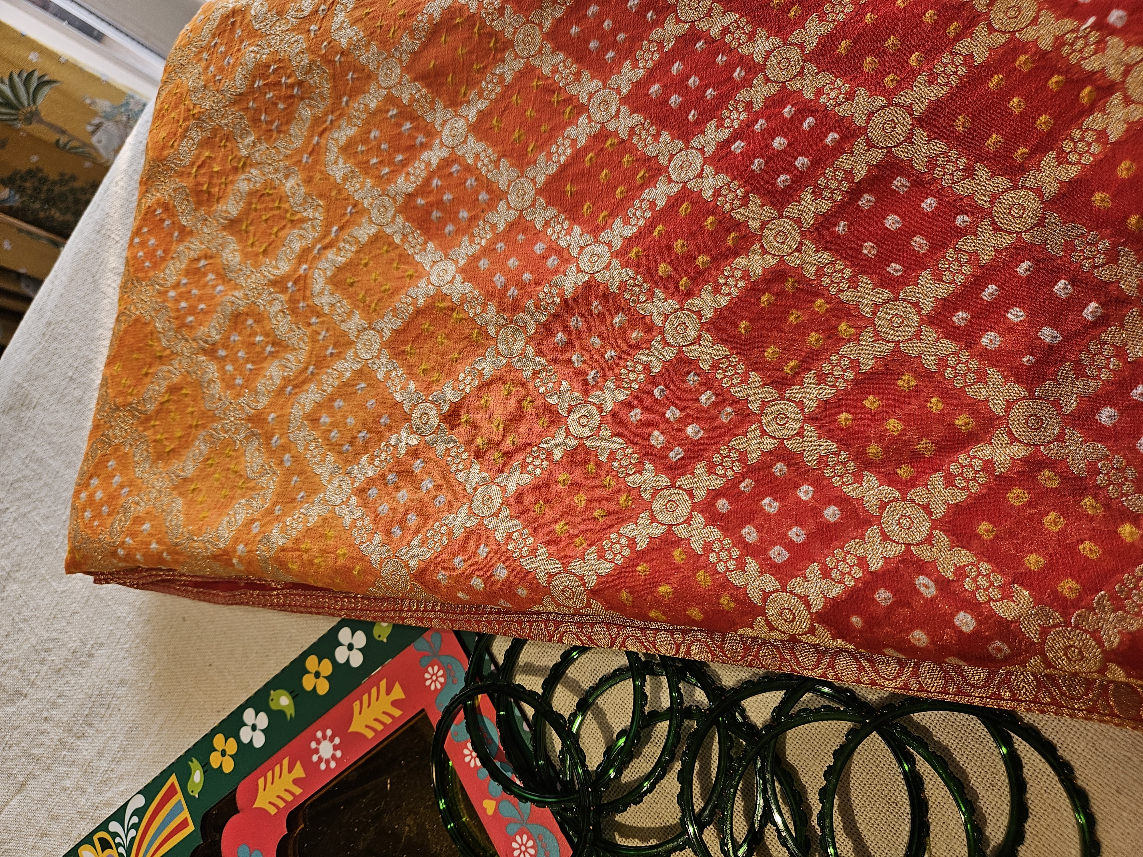 Red & yellow ombré bandhani saree.