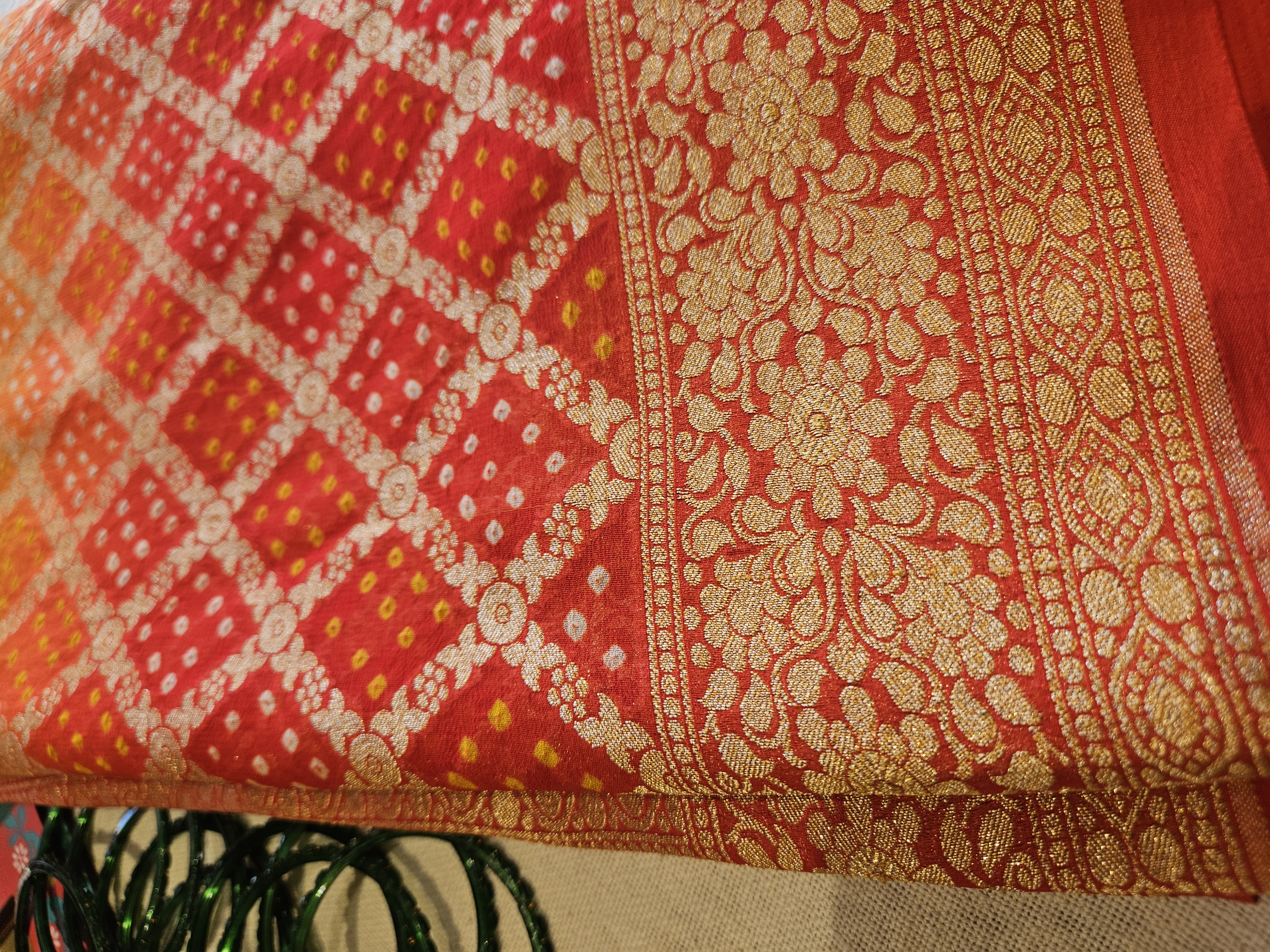 Red & yellow ombré bandhani saree.