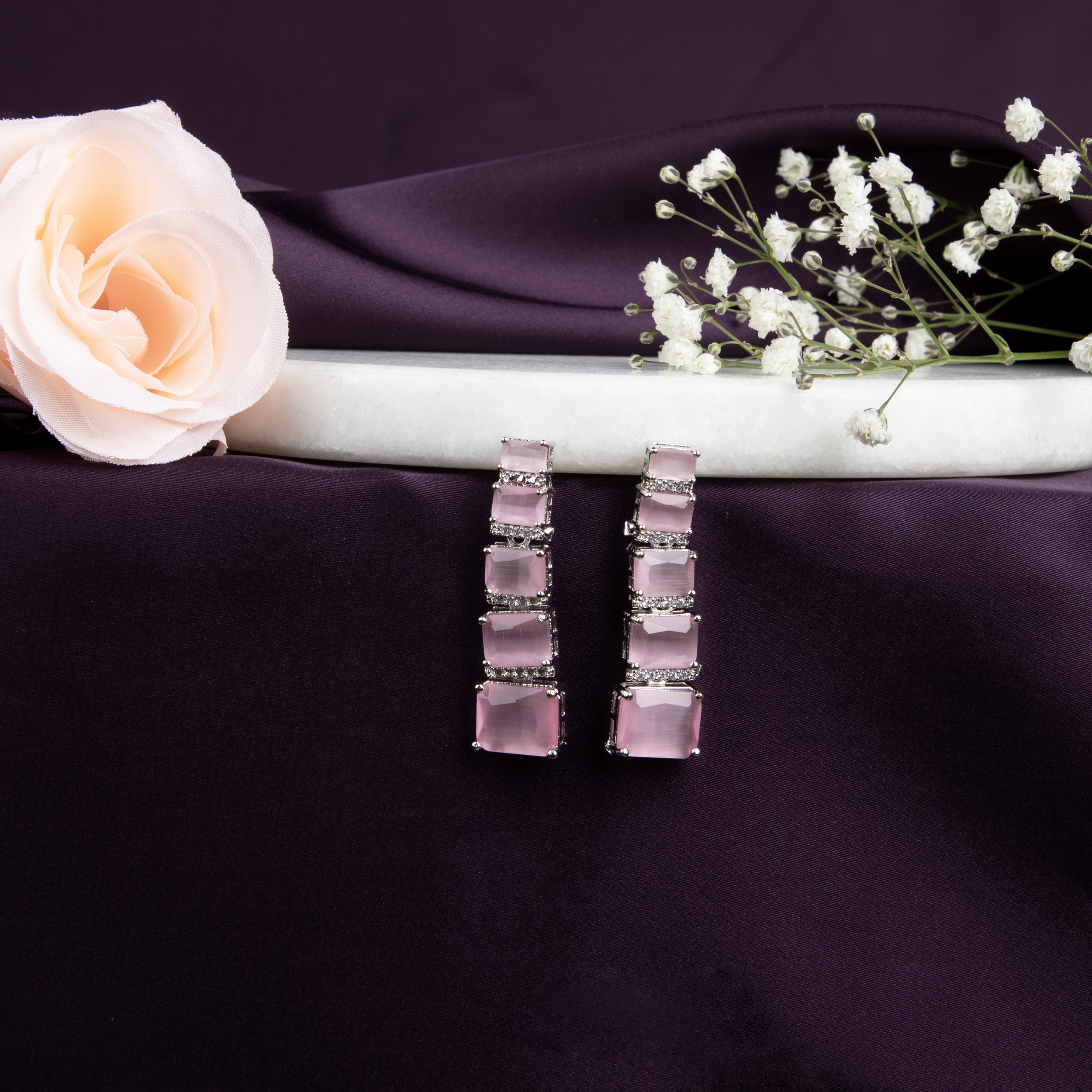 Elegant Pink Stone Drop Earrings