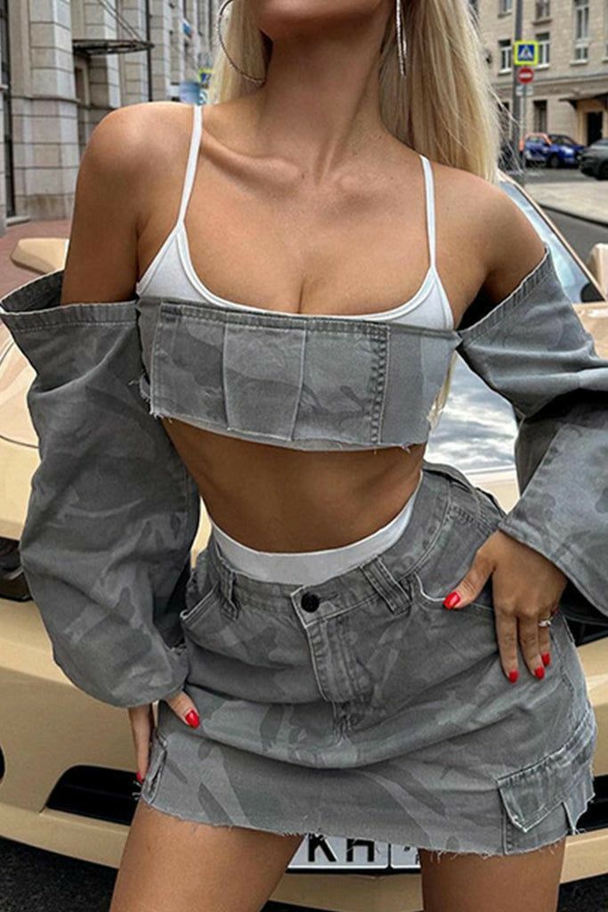 Ensemble jupe et crop top gris