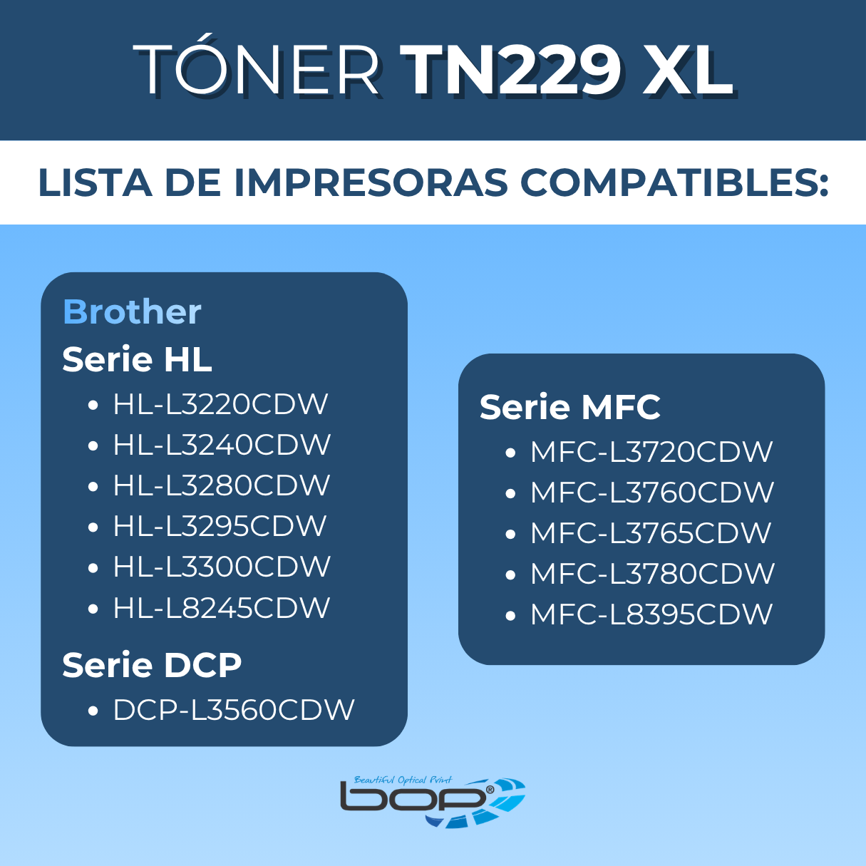 Bop Kit de 4 Toner TN229 XL Compatible con Chip para Brother, 4 Colores, Alto Rendimiento