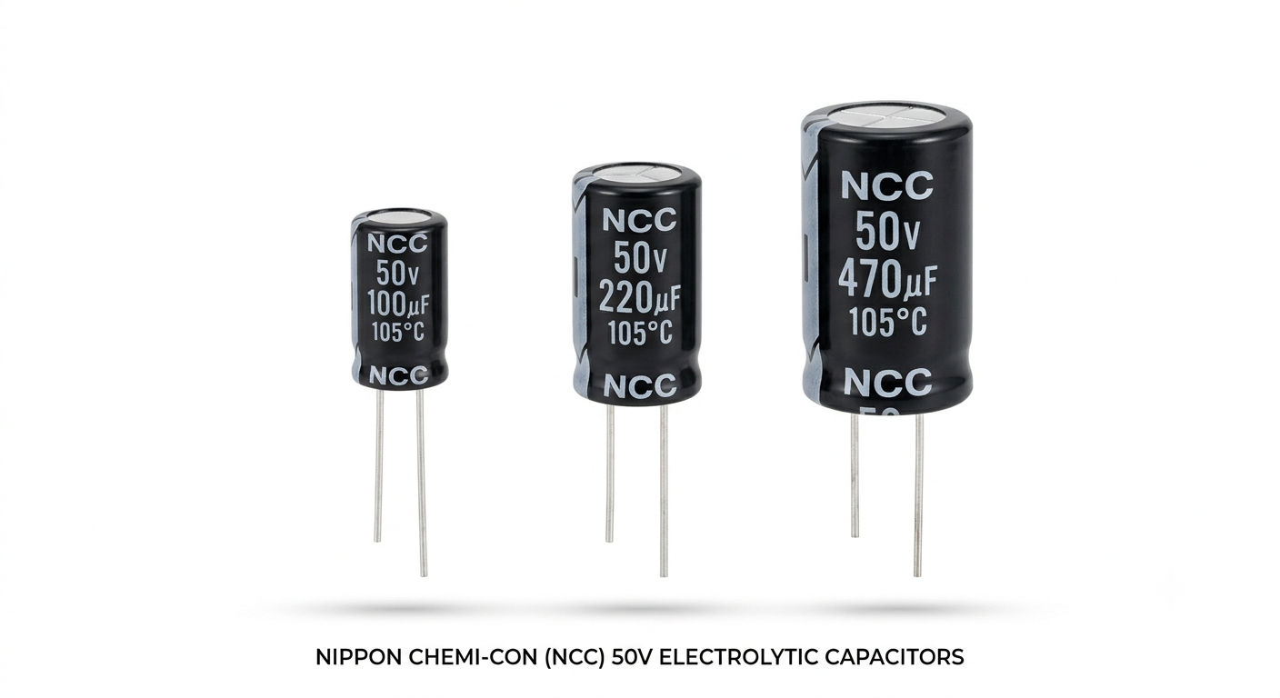 NCC 50V Electrolytic Capacitors – 100µF, 220µF, 470µF