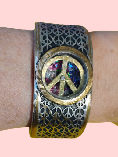 Peace Symbol Brass and Silver toned Cuff Bracelet