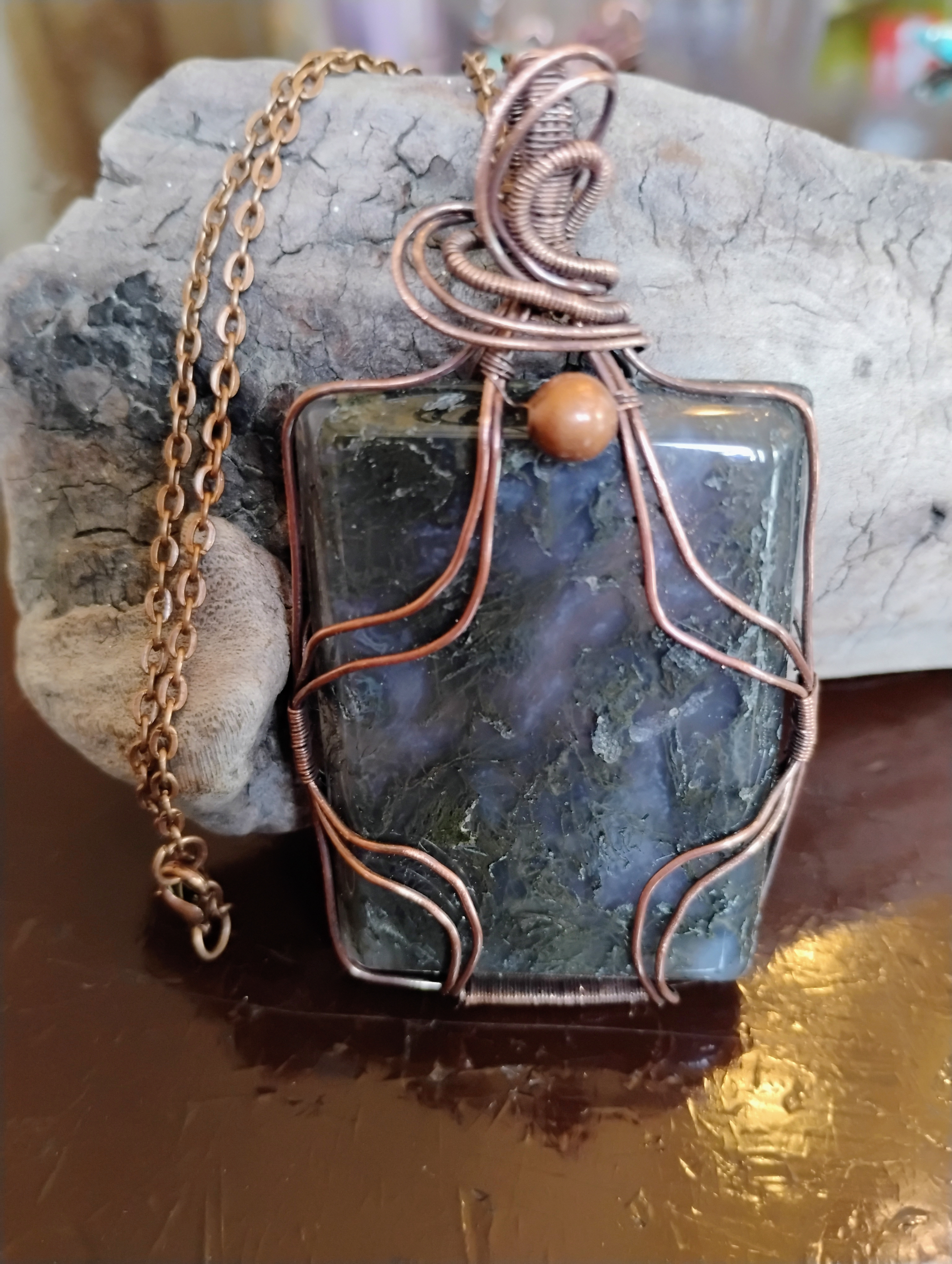 Copper Wire-Wrapped Moss Agate Pendant