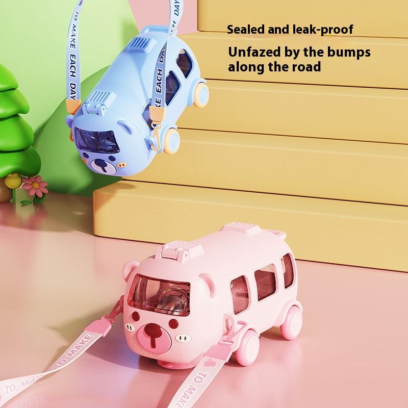 Bus-Shaped Kids Water Bottle with Straw & Strap (500ml)