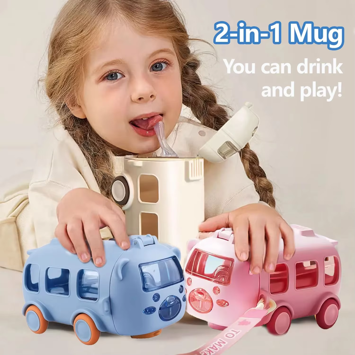 Bus-Shaped Kids Water Bottle with Straw & Strap (500ml)