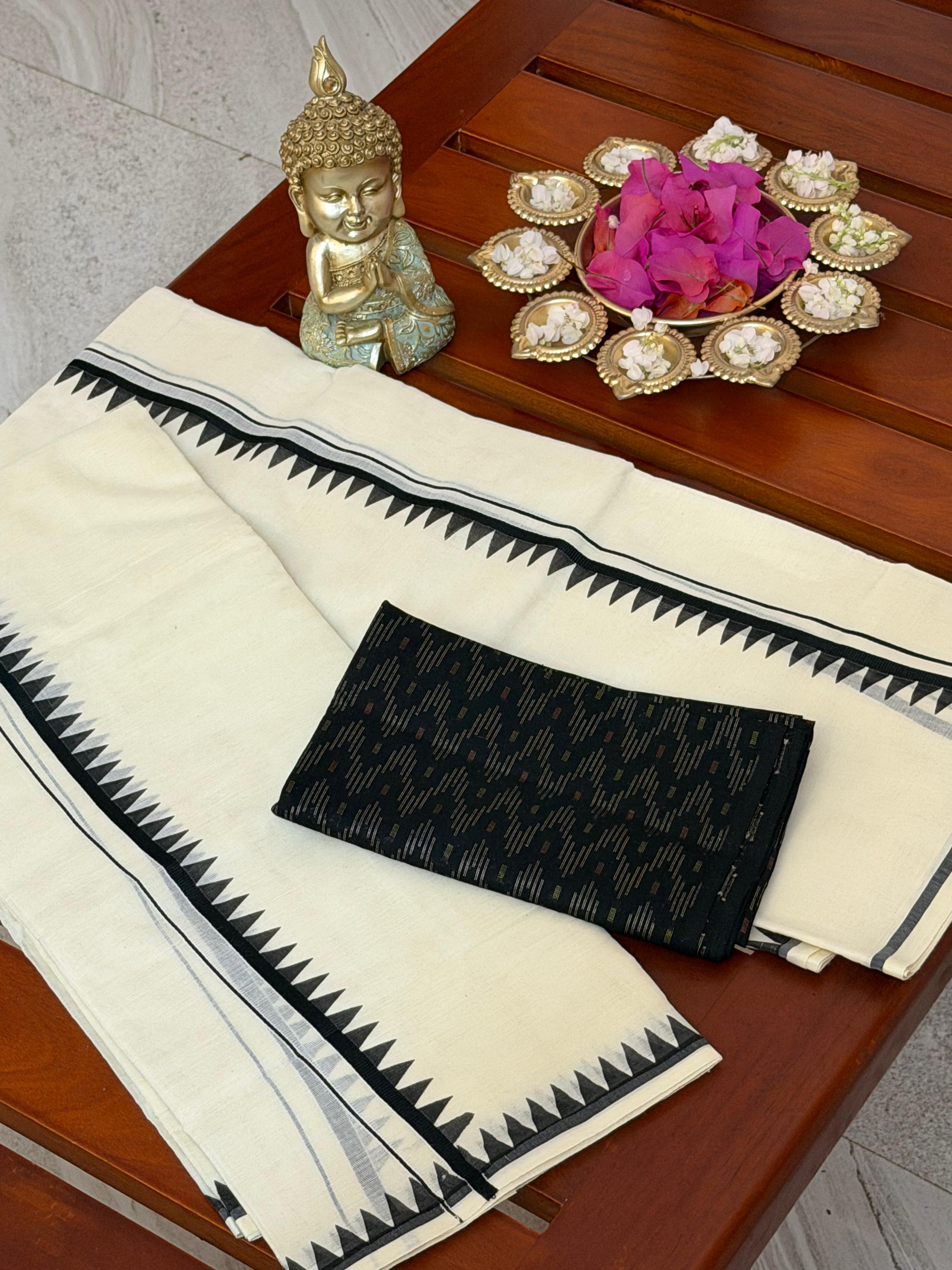 Kerala Set Mundu With temple Border (Mundum Neriyathum) - black