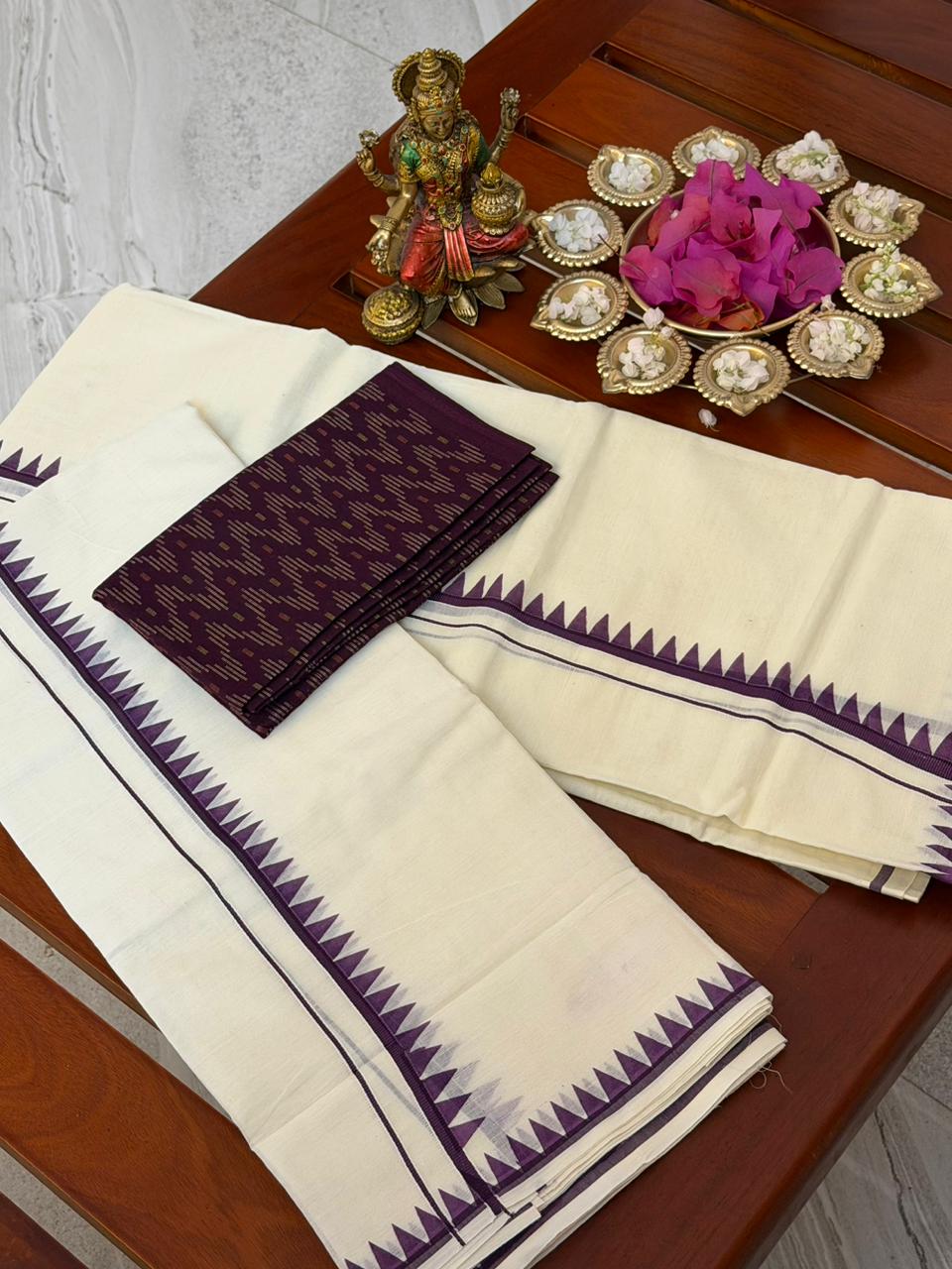 Kerala Set Mundu With temple Border (Mundum Neriyathum) - brown