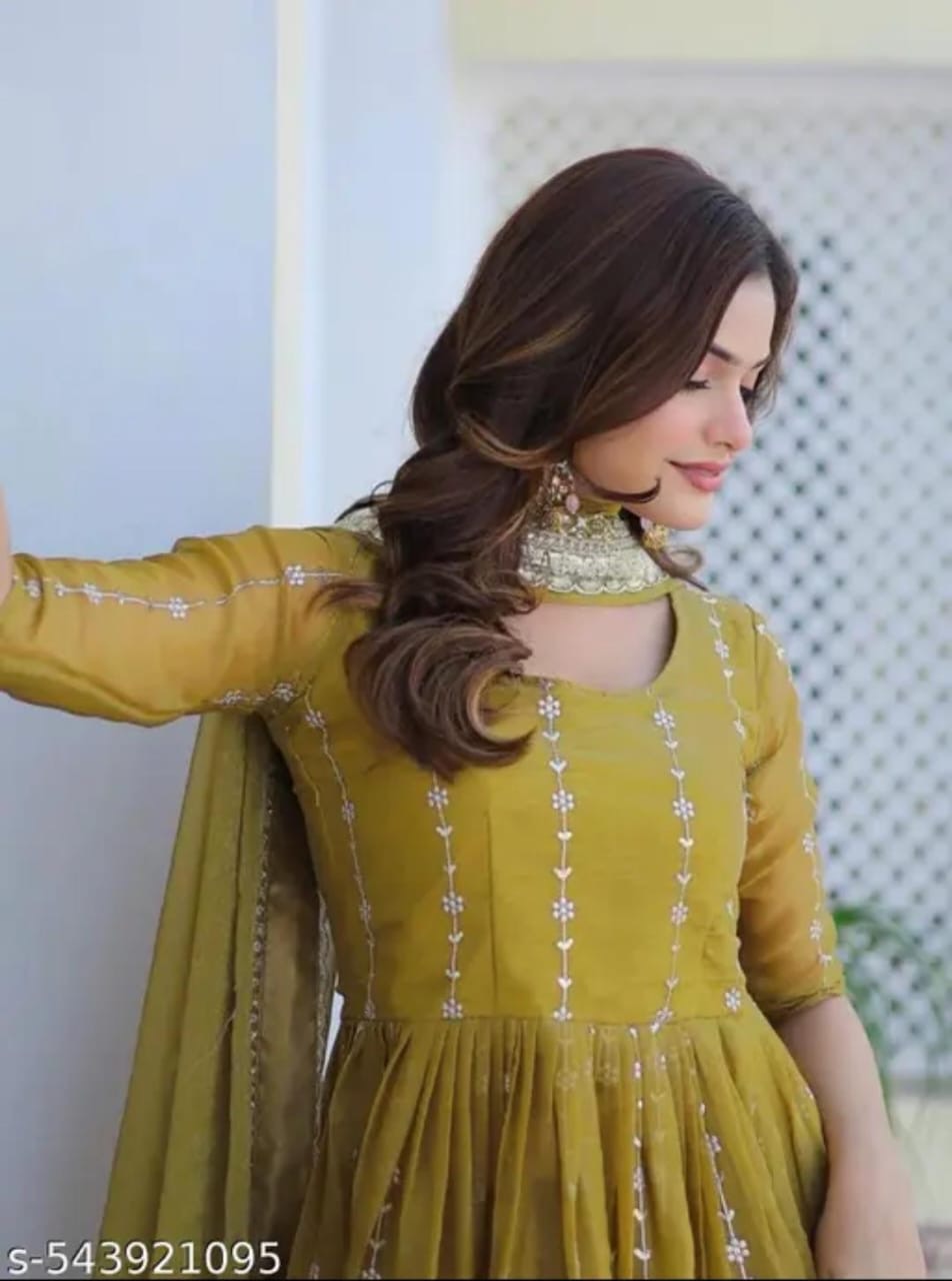 Golden Embroidered Anarkali Suit