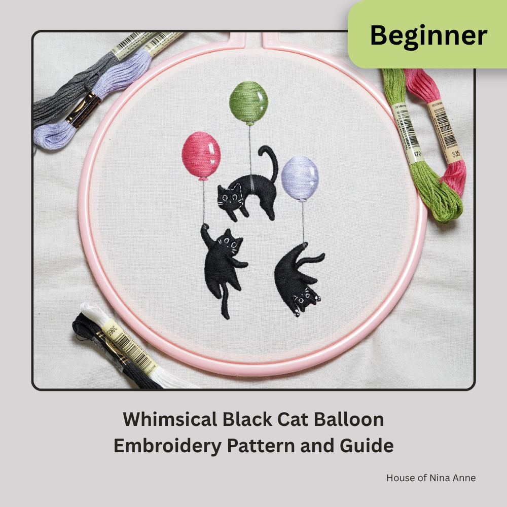 Whimsical Black Cat Balloon Embroidery PDF Pattern and Tutorial