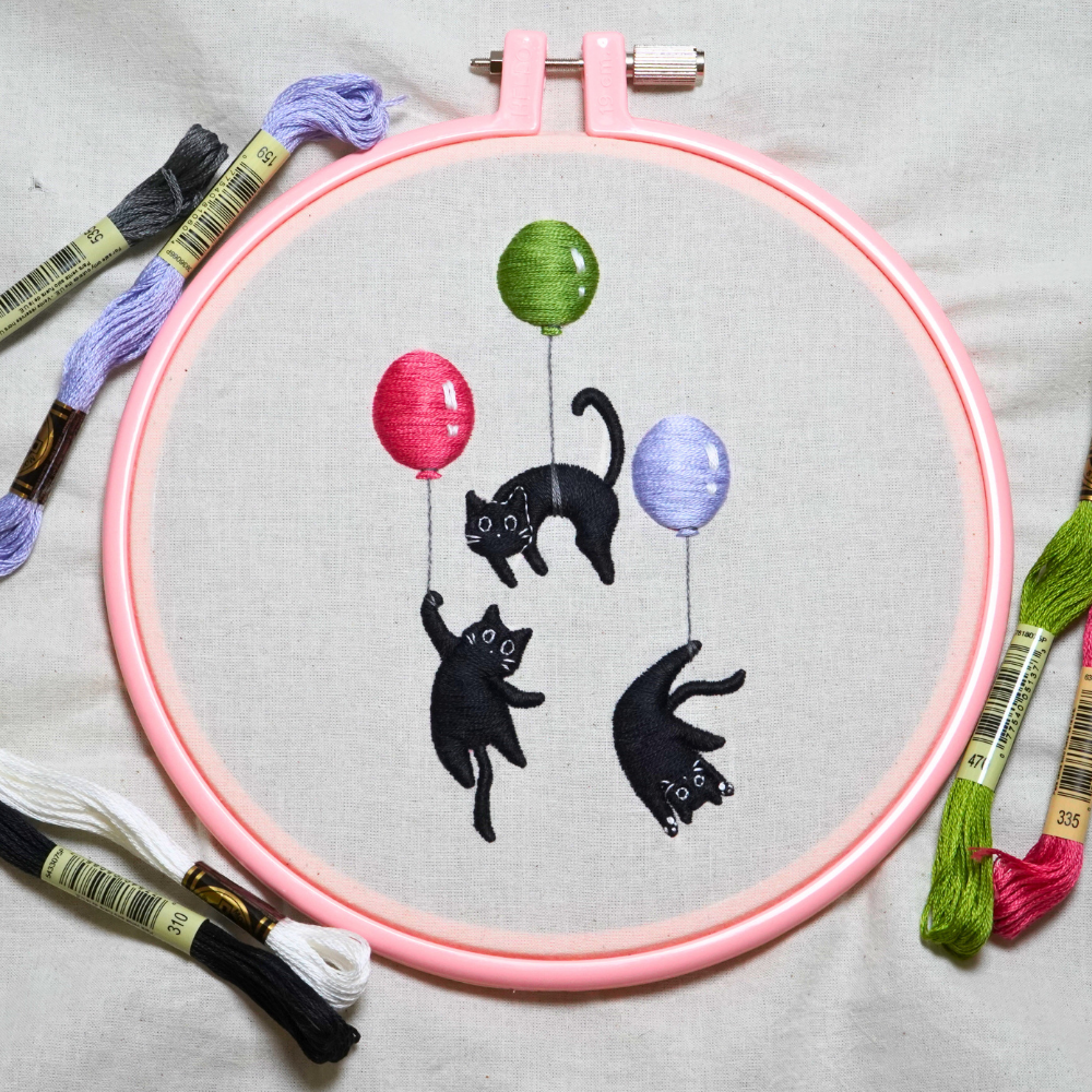 Whimsical Black Cat Balloon Embroidery PDF Pattern and Tutorial