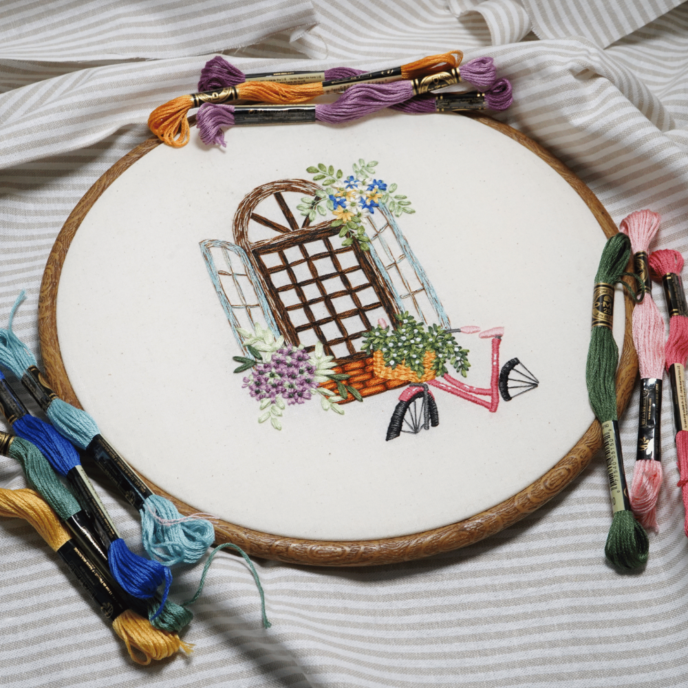 Rustic Garden Window Bicycle Embroidery Pattern and Guide
