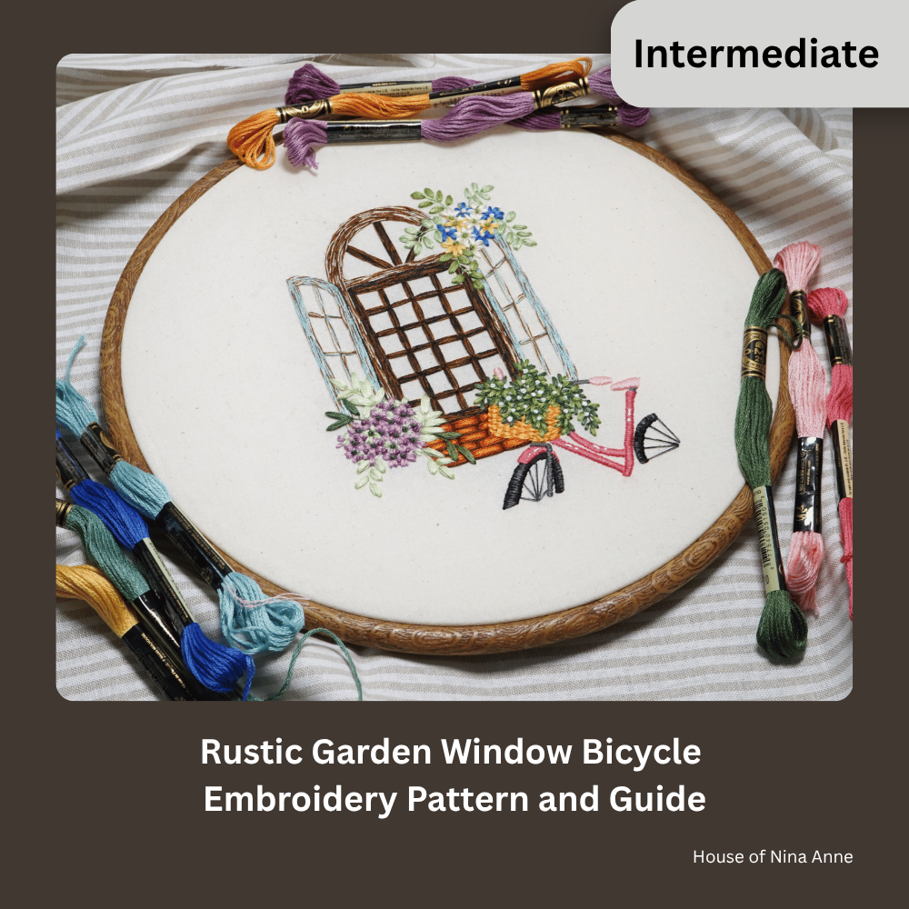 Rustic Garden Window Bicycle Embroidery Pattern and Guide