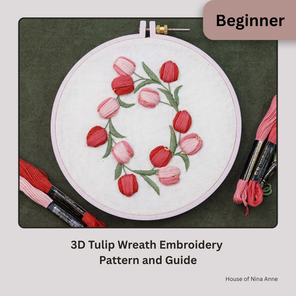 3D Tulip Wreath Embroidery Pattern and Guide