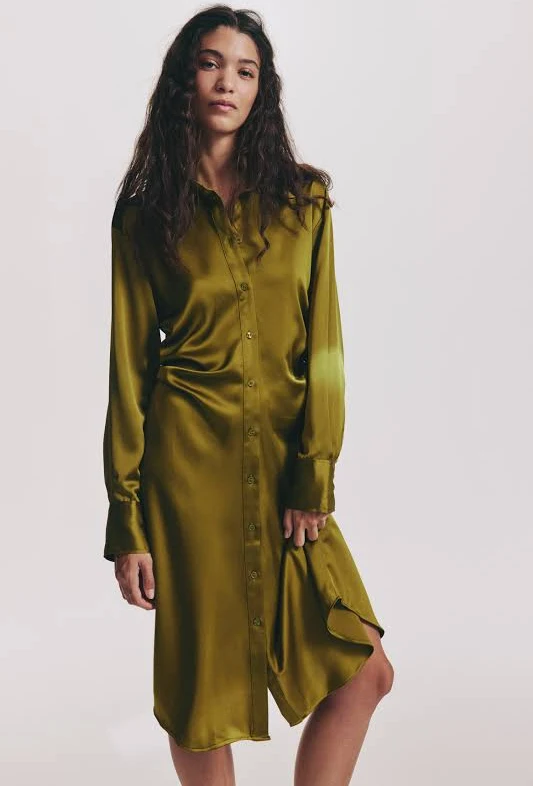 Satin Olive Shirt Dress