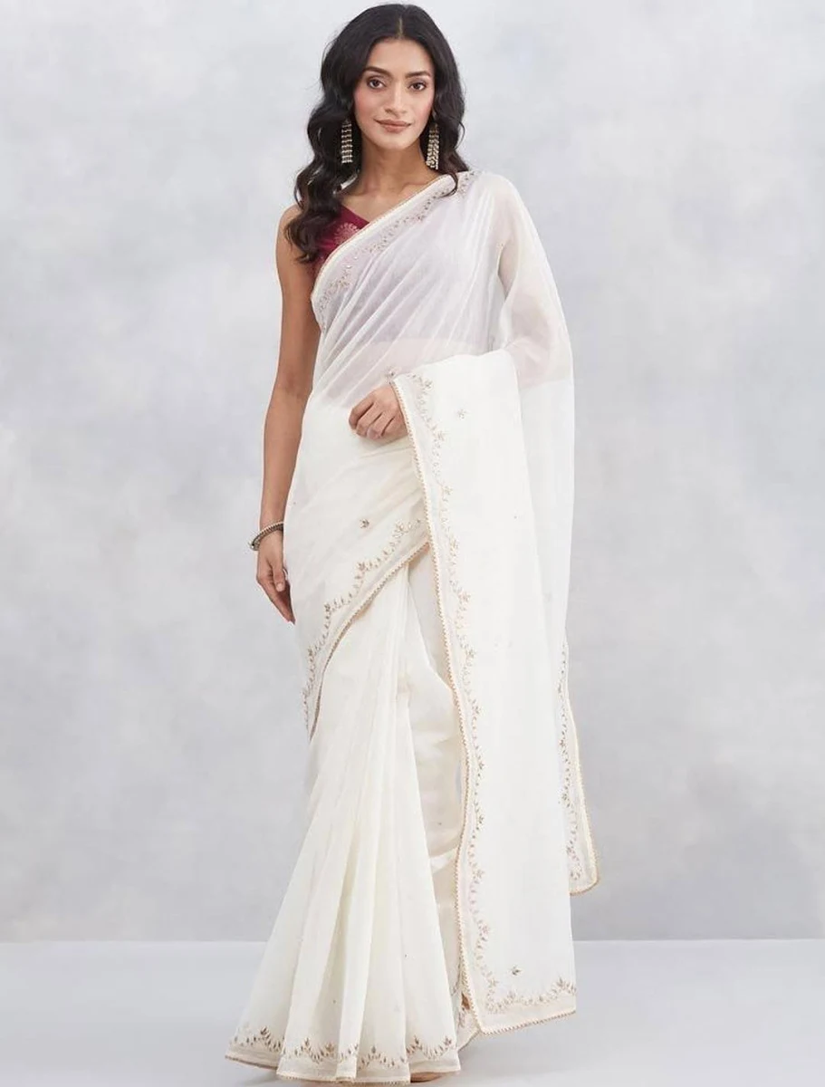 Elegant White Georgette Saree
