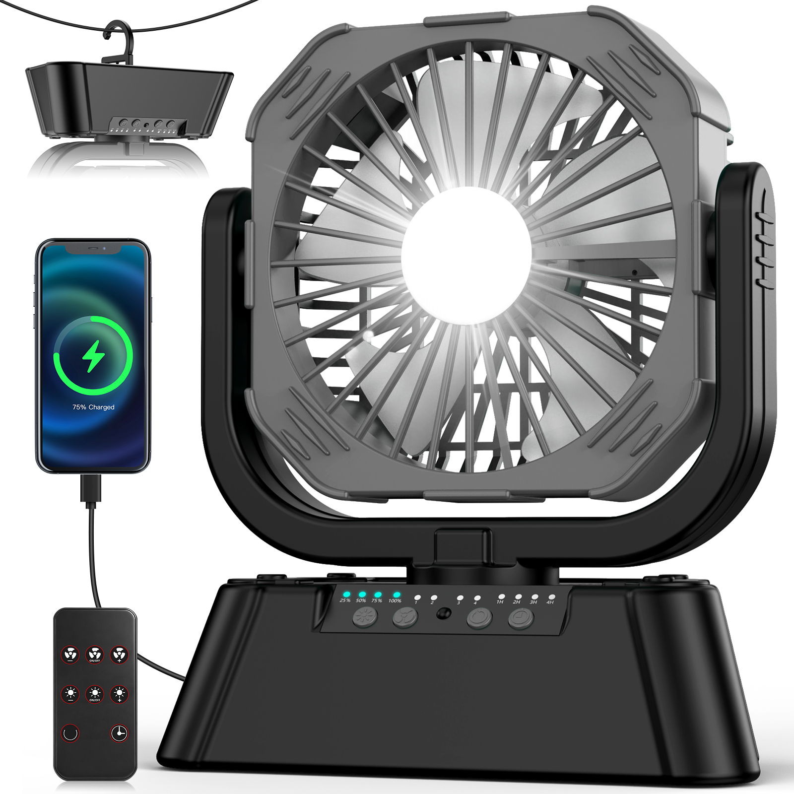 10000mAh High Speed Portable Camping Rechargeable Fan with Remote Control, Battery Powered with Auto Oscillating with Camping Essentials Accessories for Outdoor, Beach, Patio, Tent