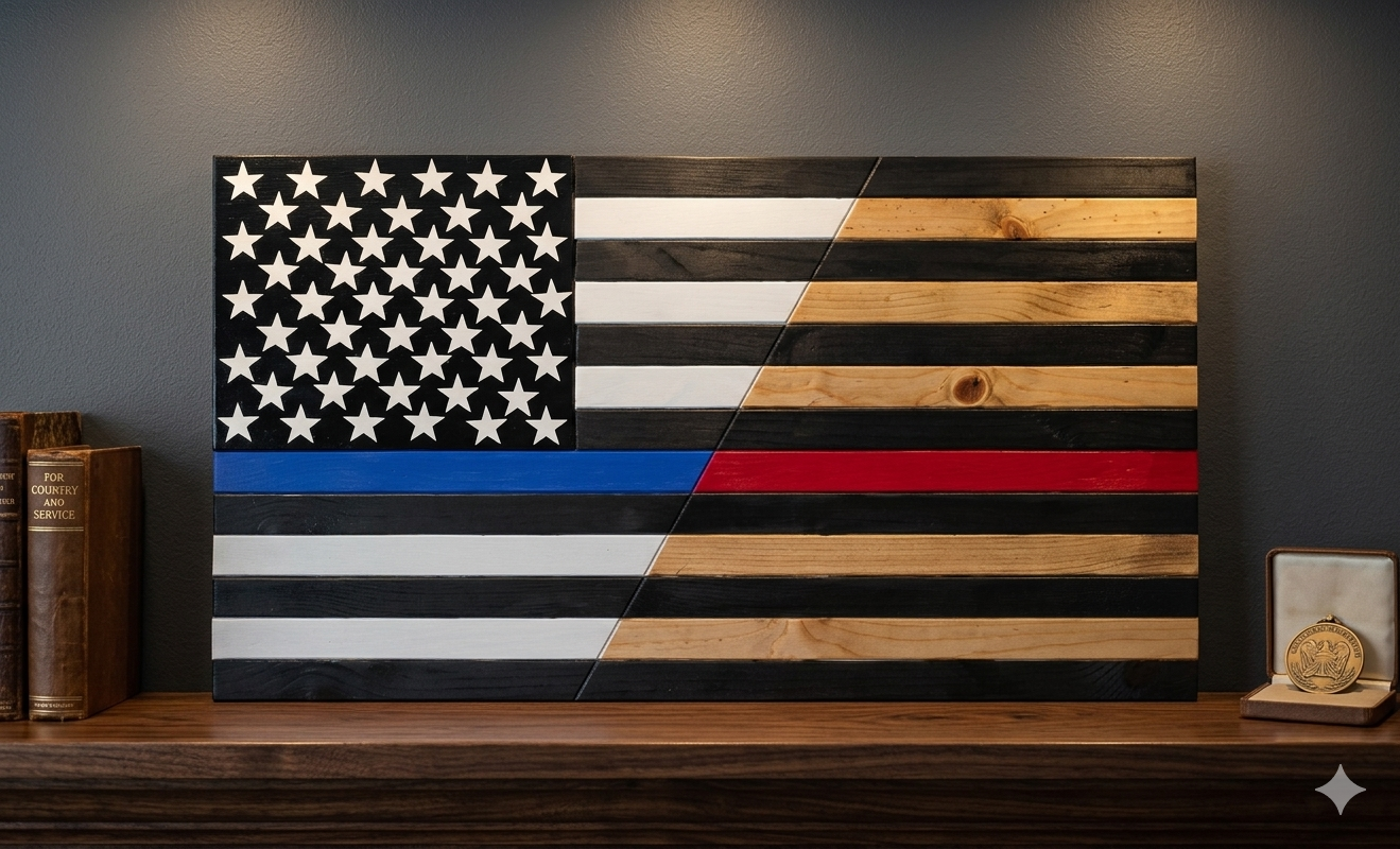 Thin Blue and Red Line Flag Wooden Wall Art
