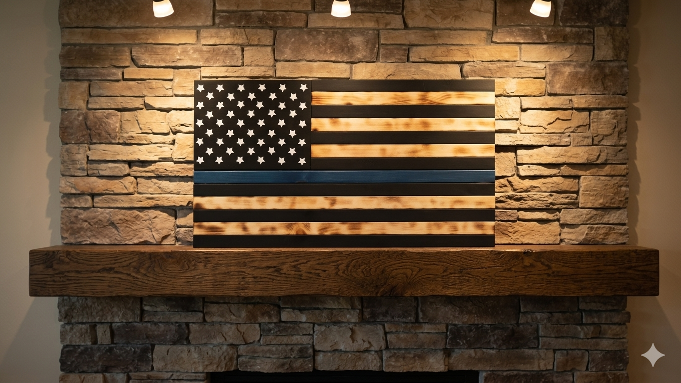 Rustic Thin Blue Line American Flag Wall Art