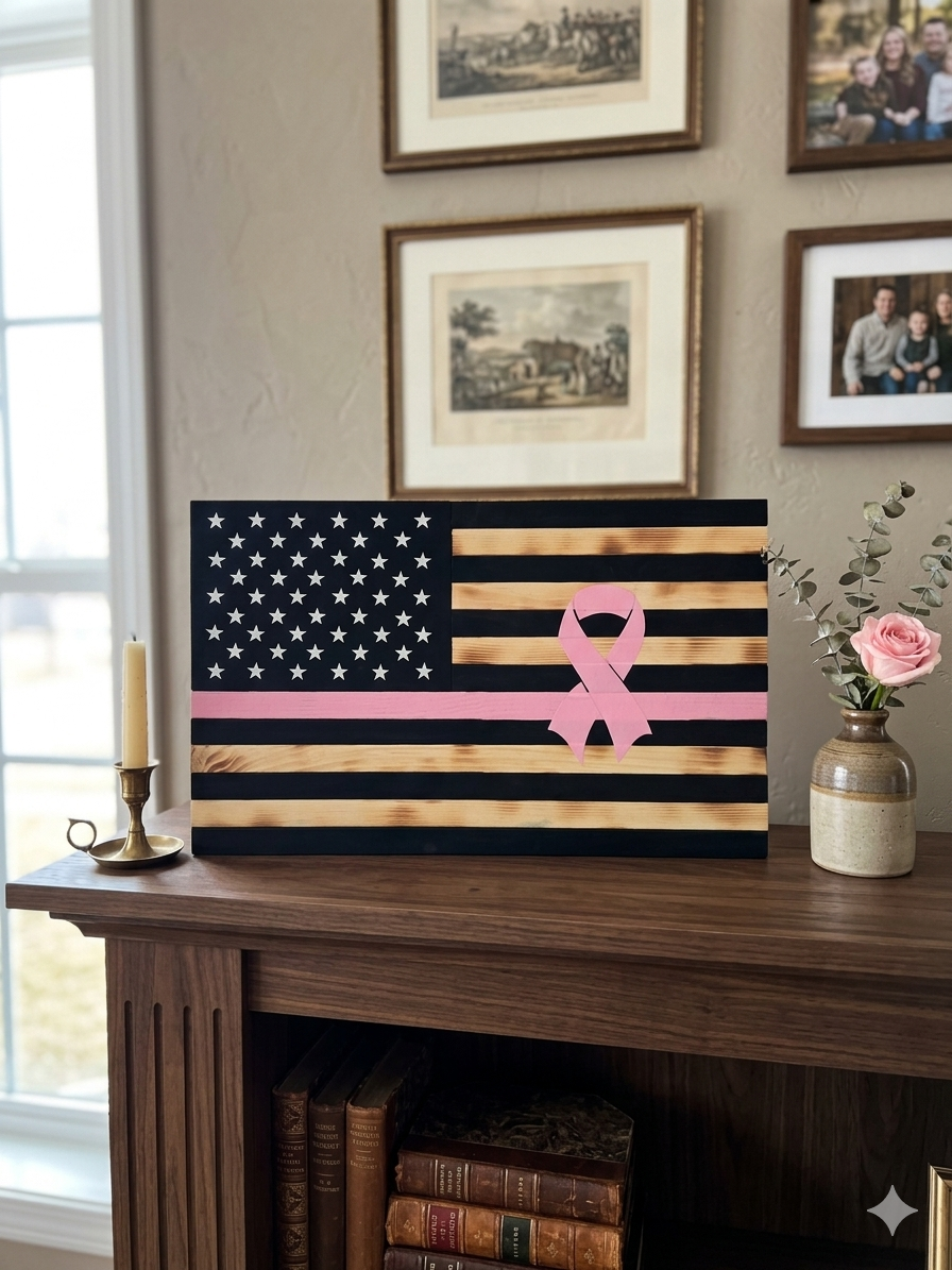 Breast Cancer Awareness Wooden American Flag 