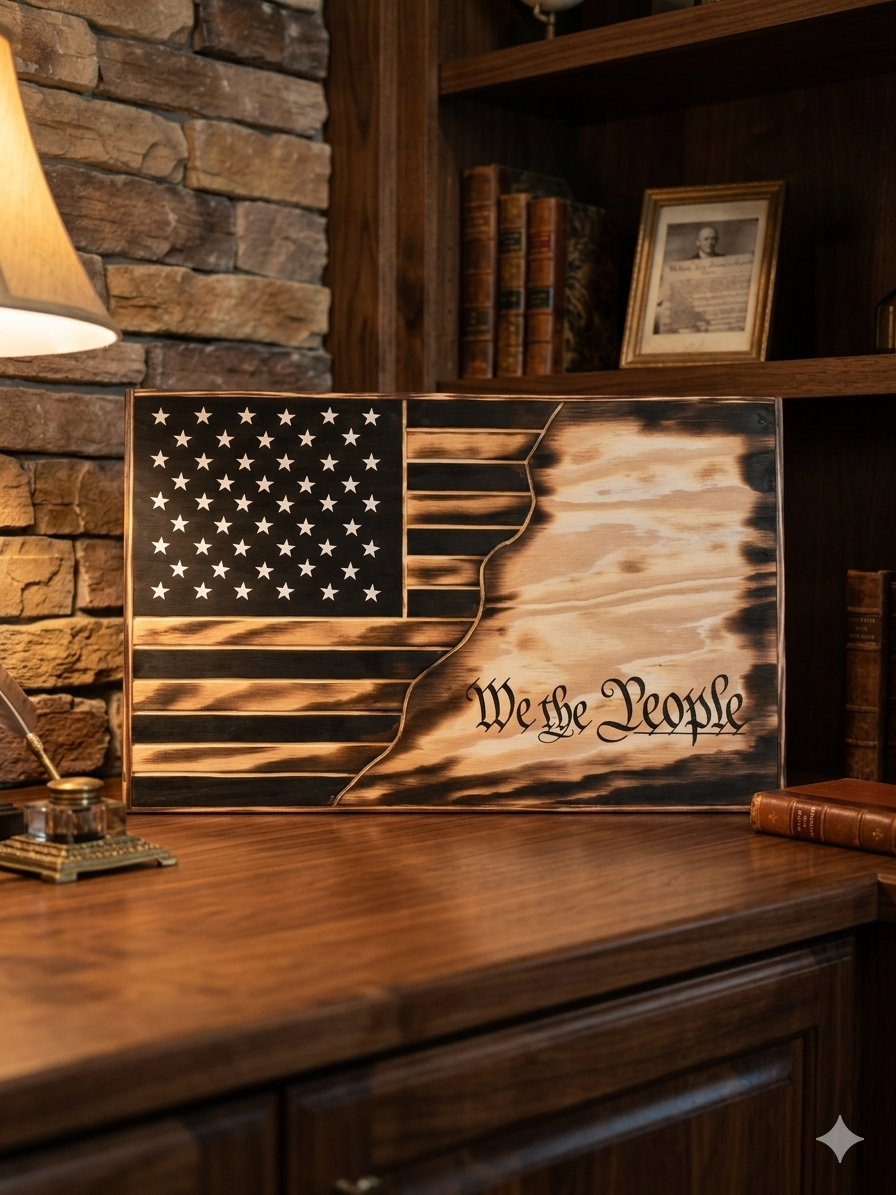 Burned Wood American Flag Sign