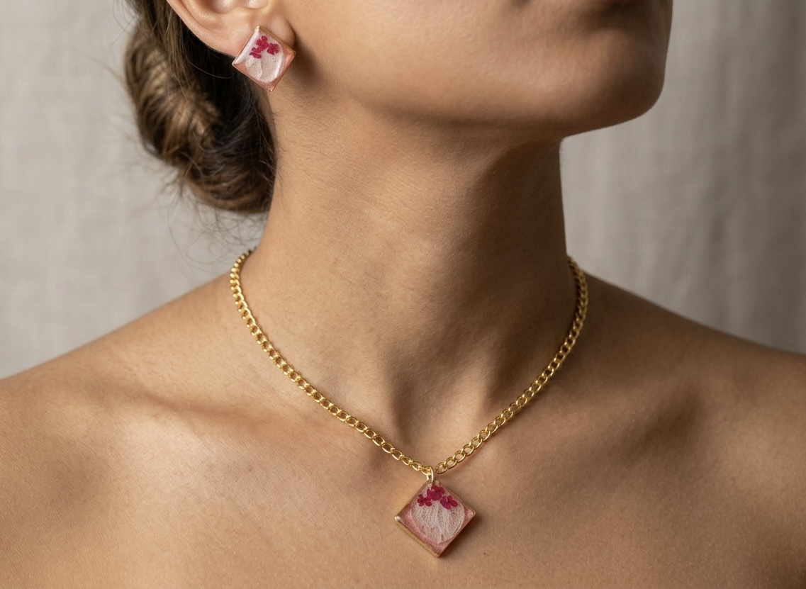 Floral Resin Pendant & Earring Set