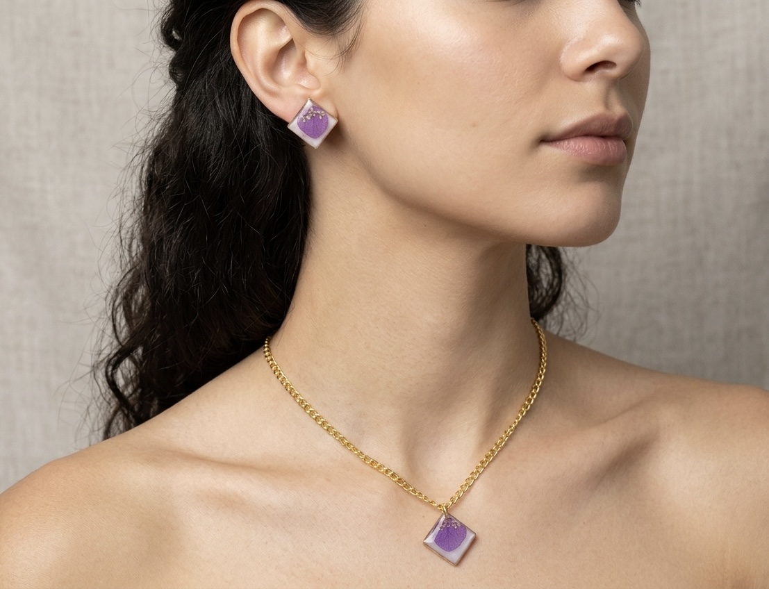 Purple Floral Resin Jewelry Set