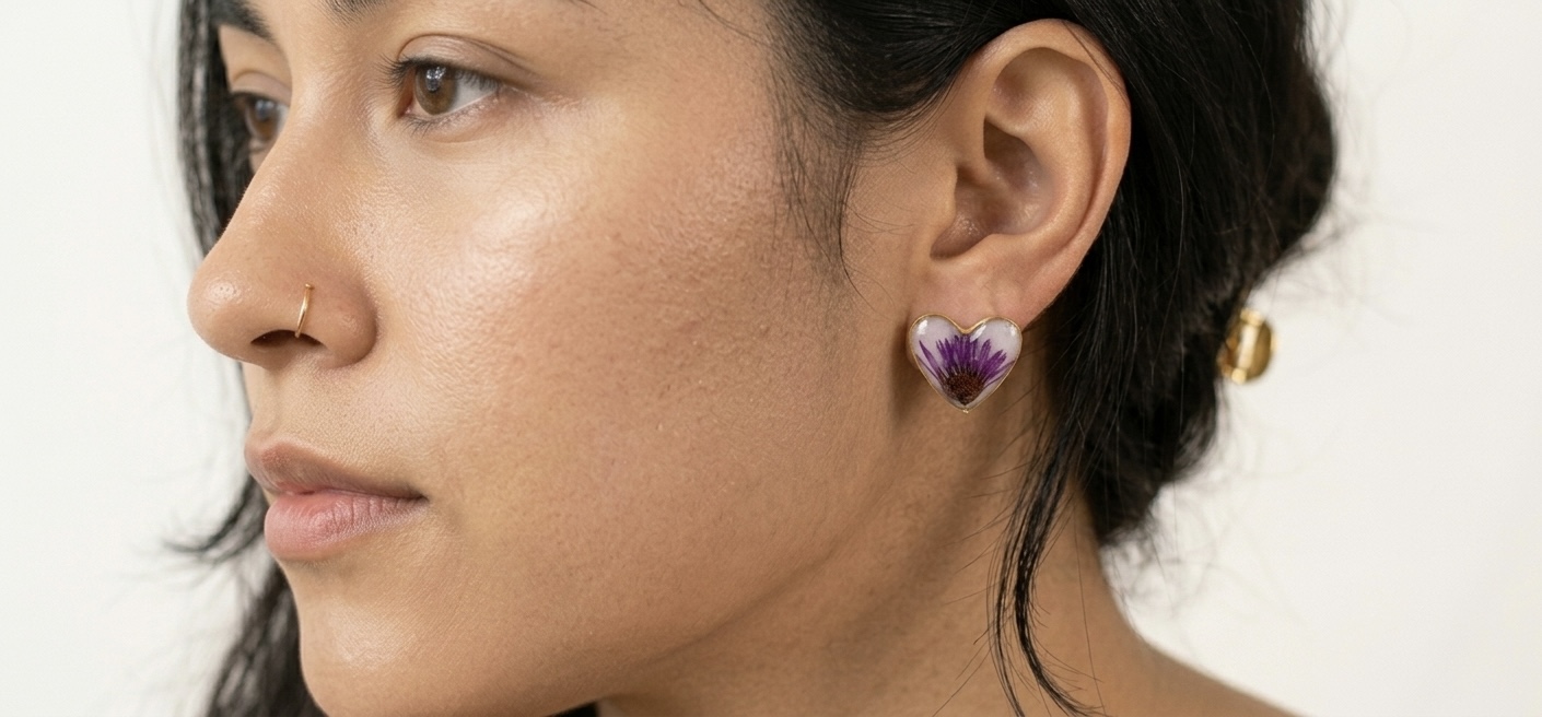Heart-Shaped Floral Resin Earrings - Stud