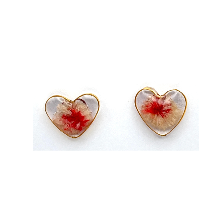 Heart-Shaped Resin Floral Earrings - Stud
