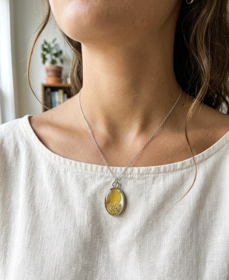 Pressed Real Flower Resin Pendant Necklace - Stainless Steel