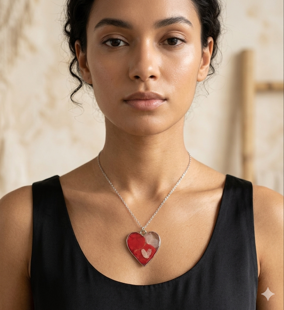 Heart-Shaped Resin Real Flower Pendant Necklace - Stainless Steel