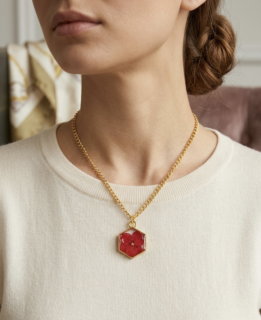 Hexagon Floral Resin Pendant Necklace
